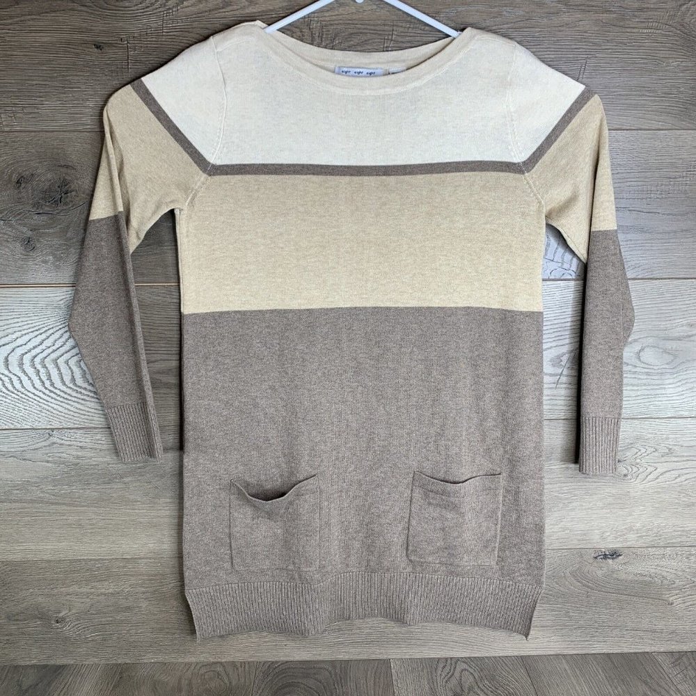 Eight Eight Eight Tunic Sweater Womans M Tan Brown Stripe Front Pockets LS